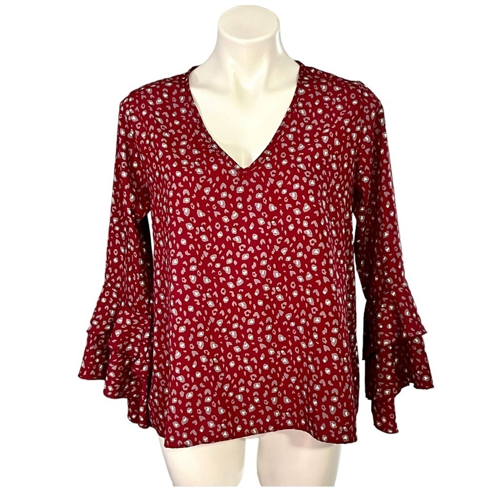 Lida Kate Leopard Print Blouse With Bell Sleeves Size Large Maroon/Gray